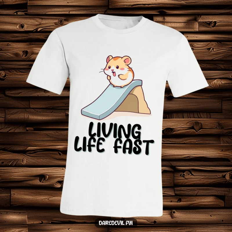 Funny Hamster T-Shirt of a cute hamster speedily sliding down a miniature steep slide, illustrating pure joy and motion.