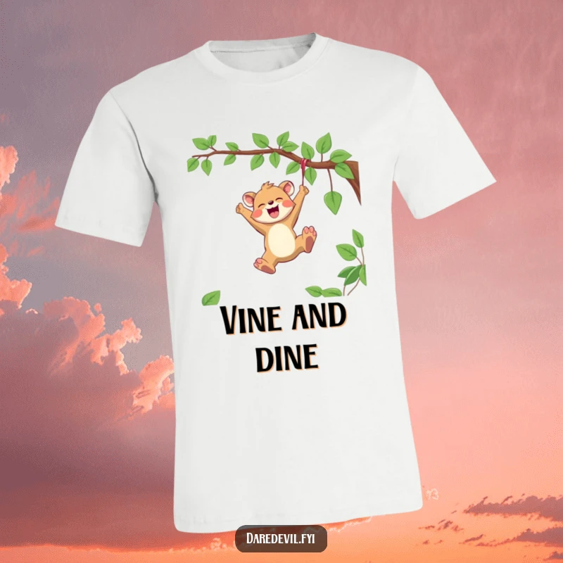 Funny T-Shirt showing a joyful animal character mid-swing from a vine, demonstrating reckless abandon and pure delight.