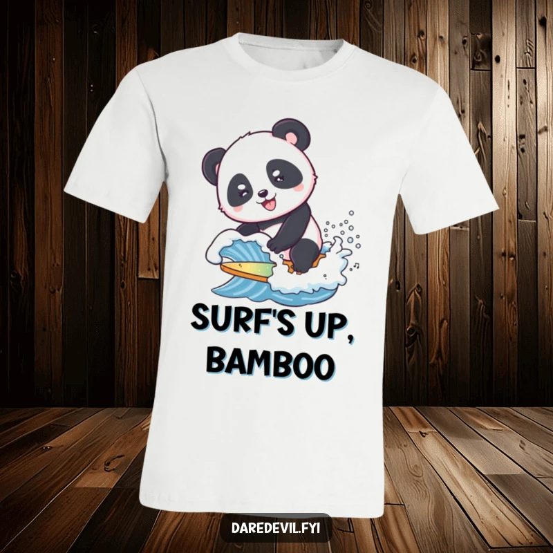 Funny T-Shirt with a smiling panda attempting to surf a tiny, crashing wave, capturing a moment of joyful, aquatic fun.