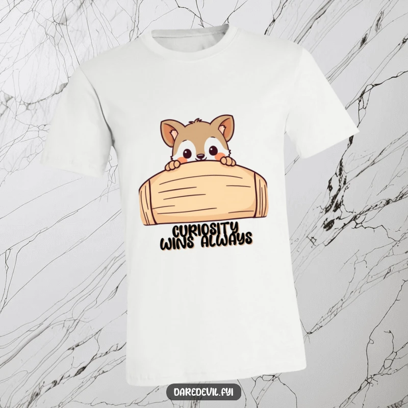 Funny Peekaboo T-Shirt featuring a curious animal character playfully peeking over a large, amusing obstacle, a humorous apparel choice.