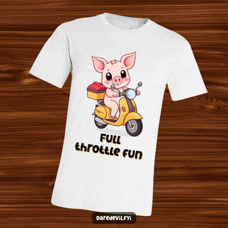 Funny piglet with wide eyes, riding a scooter with determination, printed on a comfortable, high-quality t-shirt.