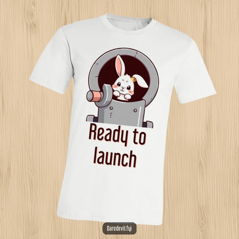 Funny rabbit t-shirt showing a curious rabbit with wide eyes peeking out of an old-fashioned cannon.