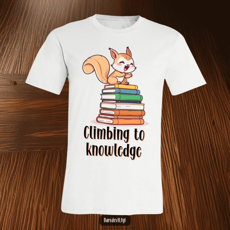 Funny t-shirt graphic of a giggling squirrel character energetically climbing a tall stack of books, symbolizing a rapid pursuit of knowledge and fun.