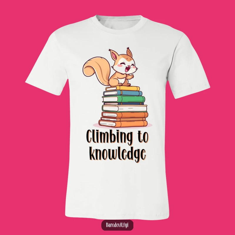 Funny Reader Squirrel T-Shirt: Giggling Character Climbs Books, Ideal Funny Gift