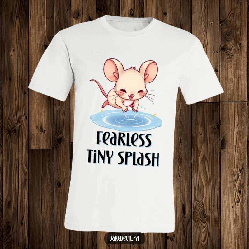 Funny, spunky mouse character captured mid-dive into a puddle on a cool, adventurous t-shirt.