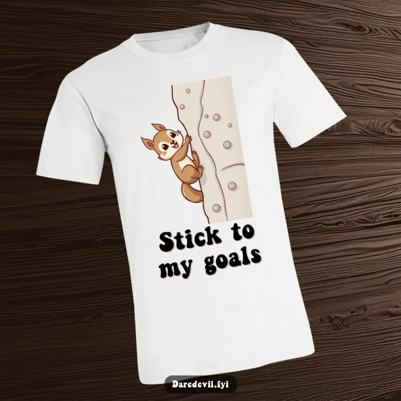 Funny squirrel character using tiny suction cups to ascend a steep, sheer wall, embodying achievement in a humorous t-shirt graphic.