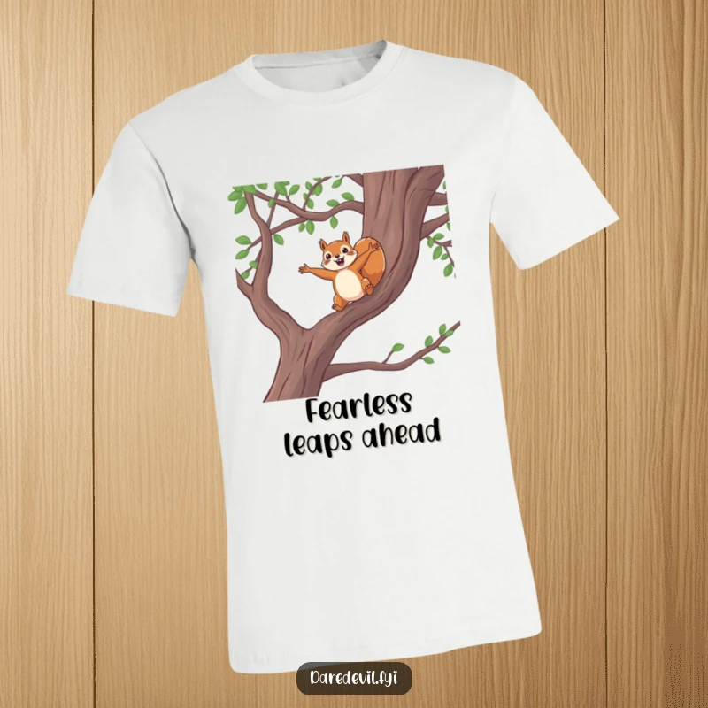 Funny squirrel leap t-shirt, brave squirrel jumping from a high tree branch with outstretched arms, adventurous, humorous apparel for risk-takers.
