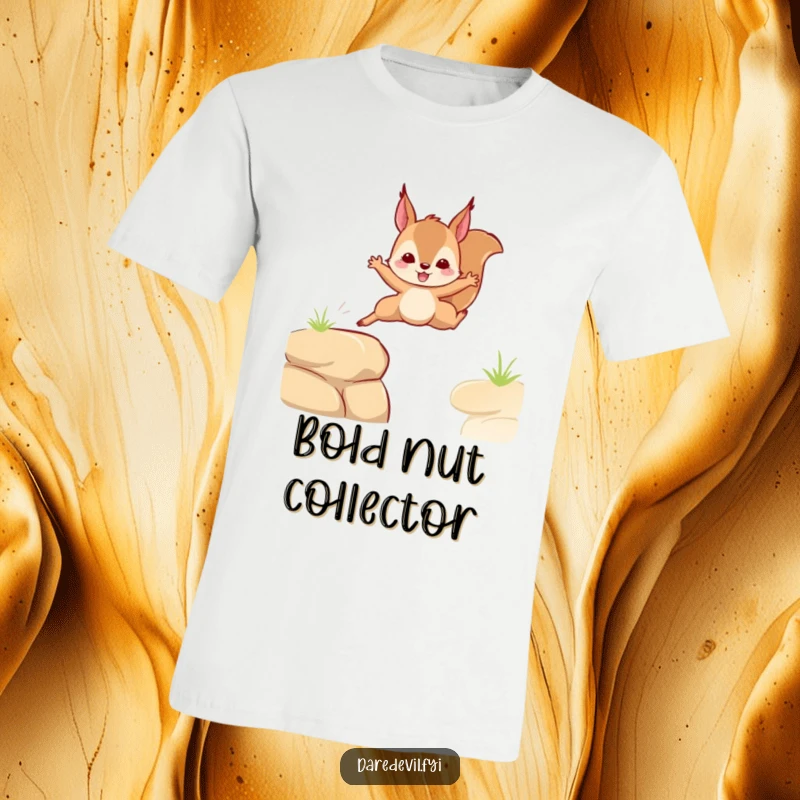 Funny t-shirt featuring a squirrel leaping bravely over an obstacle, showcasing courage and humor as a funny gift.