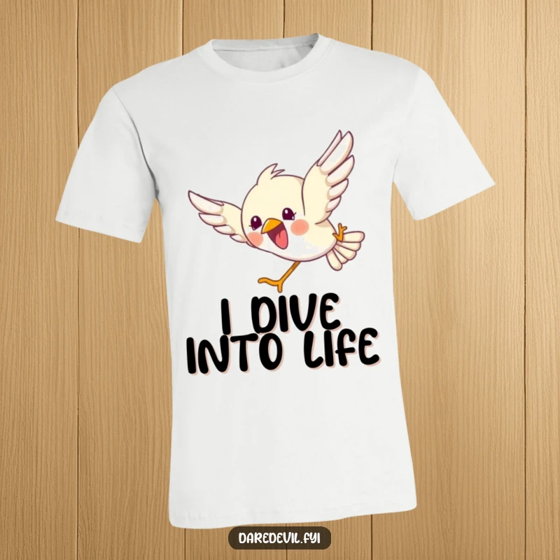 Funny t-shirt depicting a bird gleefully diving headfirst through the air with sheer, unadulterated joy.