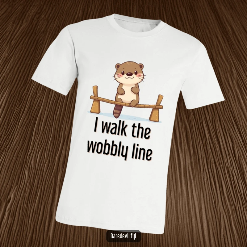 Funny t-shirt featuring a courageous otter bravely navigating a narrow, unsteady bridge with a determined expression.