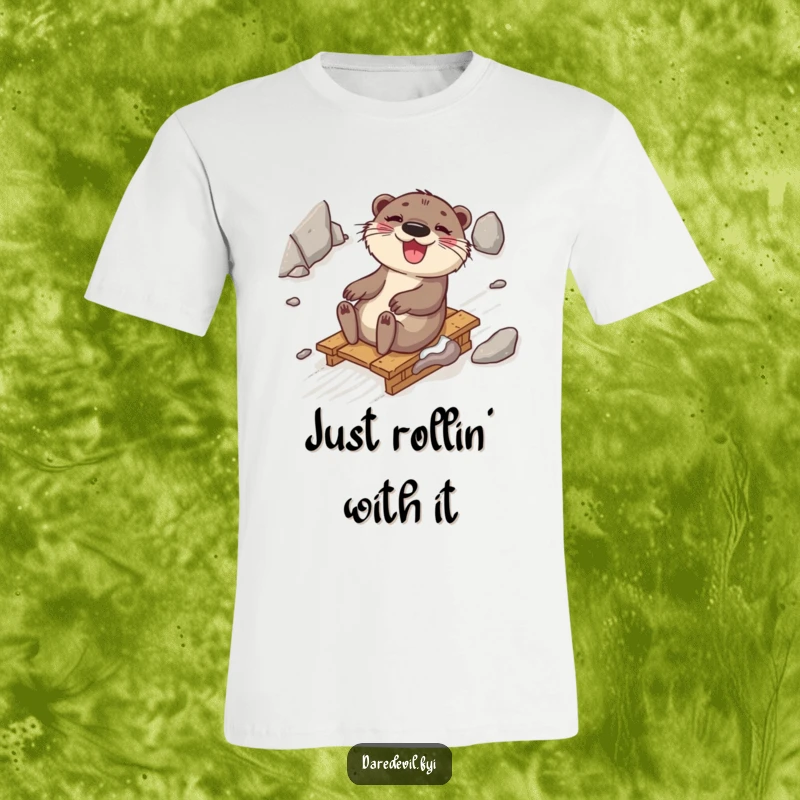 Funny otter joyfully sliding down a rocky slope on a rustic sled, radiating pure happiness and adventurous spirit, a great funny gift.