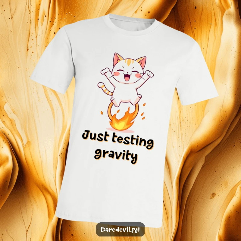 Funny t-shirt with a mischievous cat character daringly leaping over a blazing fiery hoop with immense glee and excitement.