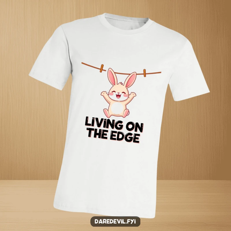 Funny rabbit joyfully swings from a clothesline with an exuberant whoop, capturing playful freedom for a funny t-shirt.