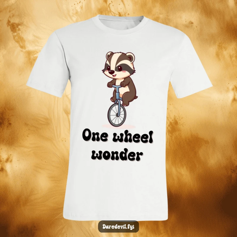 Funny badger seriously attempting to ride a unicycle, looking determined yet slightly unstable, a comical and inspiring funny gift.