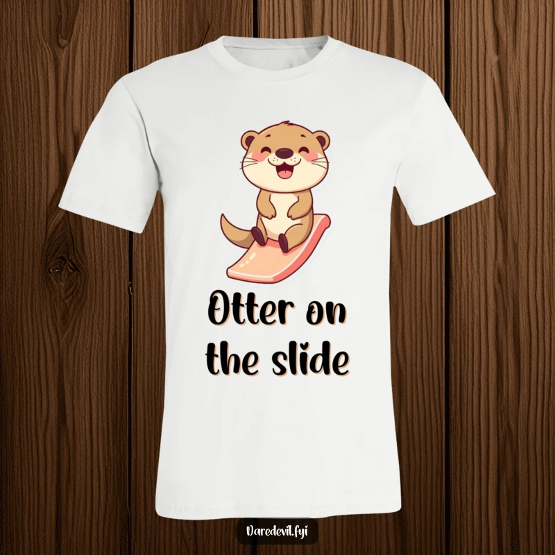 Funny Otter T-Shirt: A happy otter character is captured mid-slide, zooming down with a wide smile and infectious enthusiasm.
