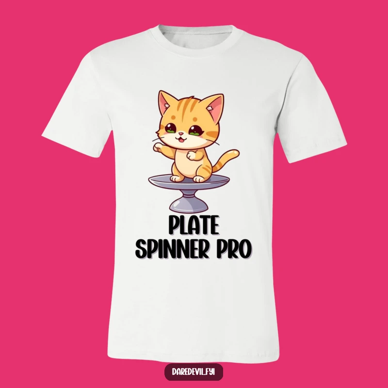 Funny Cat Plate Spin T-Shirt: Daring Balance Act for the Ultimate Funny Gift!