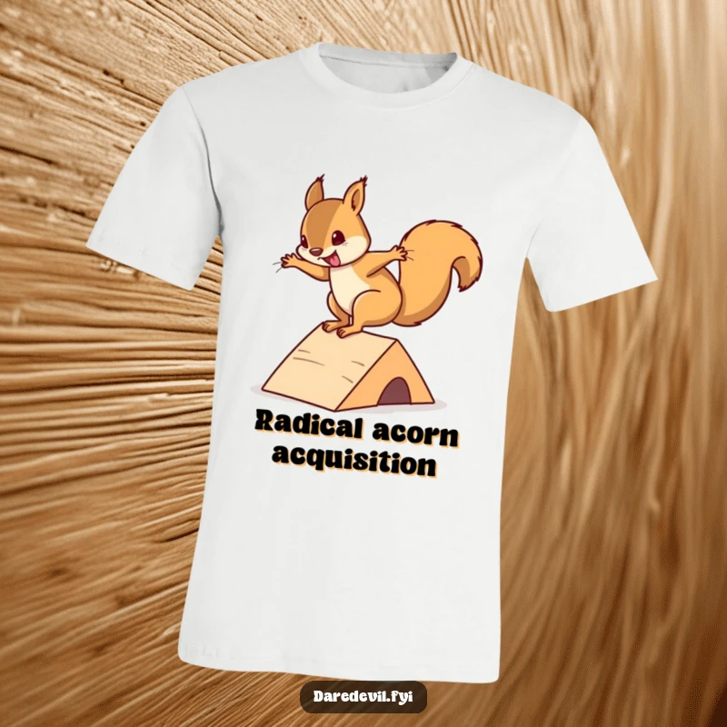 Funny squirrel t-shirt featuring a cute squirrel performing a daring flip off a mini ramp, perfect for skate and extreme sports fans.