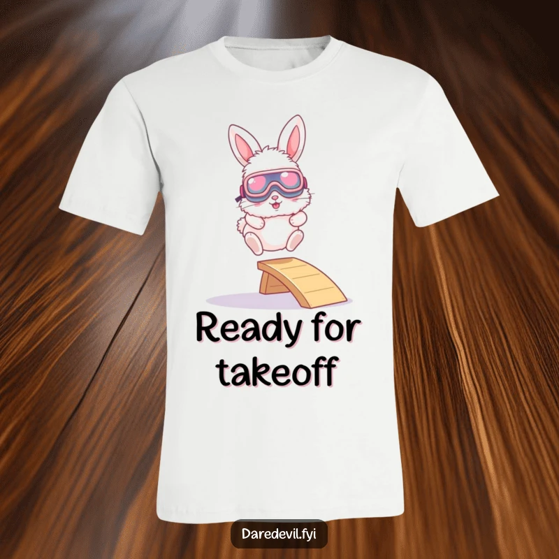 Funny t-shirt featuring a fluffy bunny in oversized goggles mid-air, leaping from a tiny ramp with a playful, extreme sports vibe.