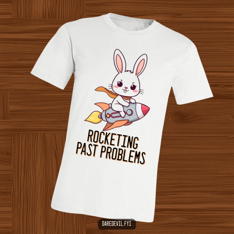 Funny t-shirt graphic of a brave rabbit character piloting a miniature rocket with a resolute and determined grin.