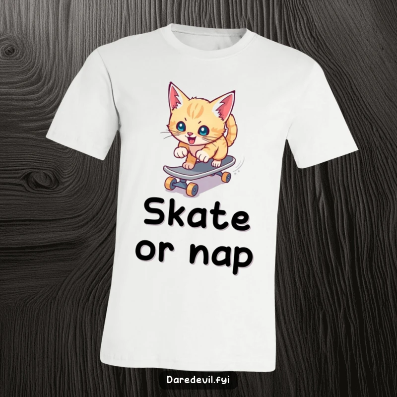 Funny t-shirt featuring a playful kitten aggressively skateboarding down a slide at high speed, with a cool, energetic vibe.