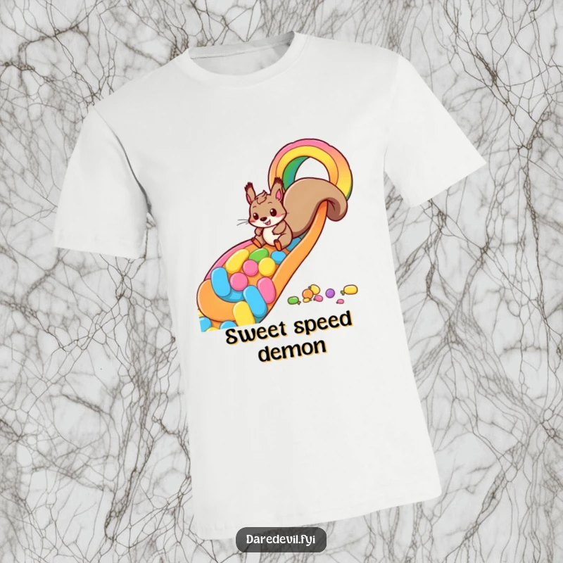 Funny squirrel t-shirt featuring a playful squirrel zooming down a vibrant rainbow slide made of delicious candy, celebrating carefree fun.