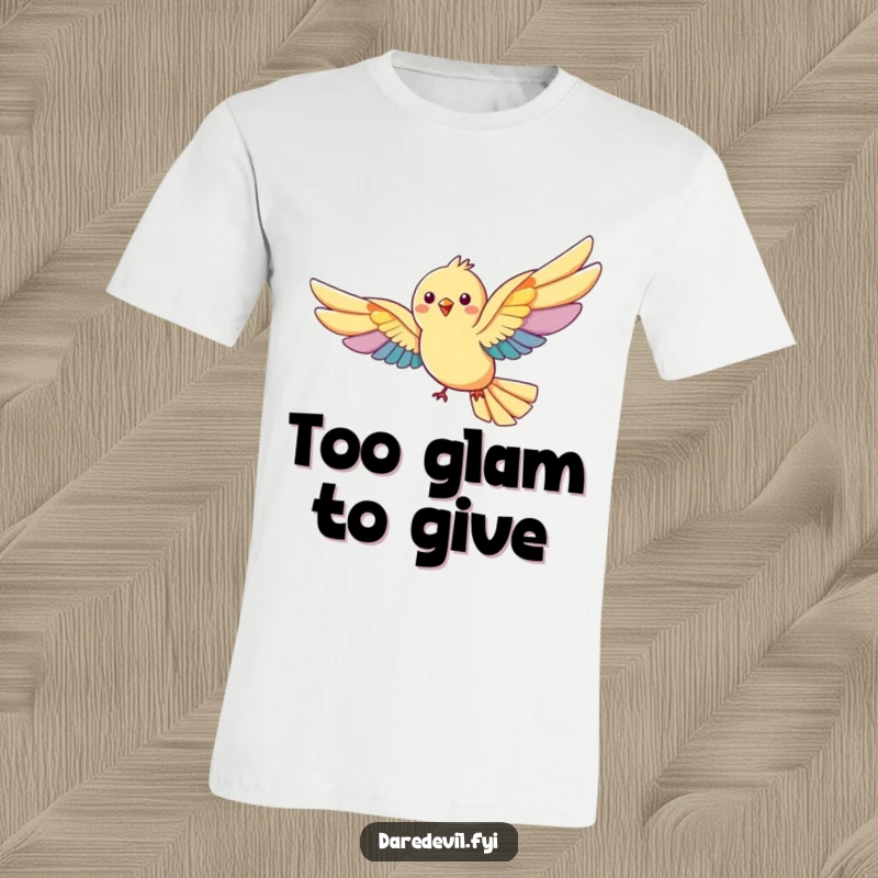 Funny rainbow bird t-shirt: a cheerful bird in flight with dramatically oversized, brightly colored rainbow wings.