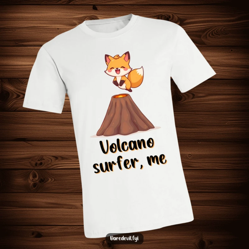 Funny fox t-shirt, gleefully leaping over a small volcano with a smile, showcasing bold and adventurous spirit.
