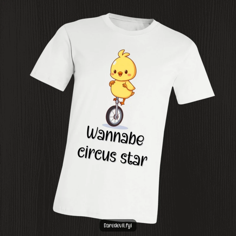 Funny t-shirt with a playful chick character balancing on a unicycle, capturing a moment of delightful absurdity.
