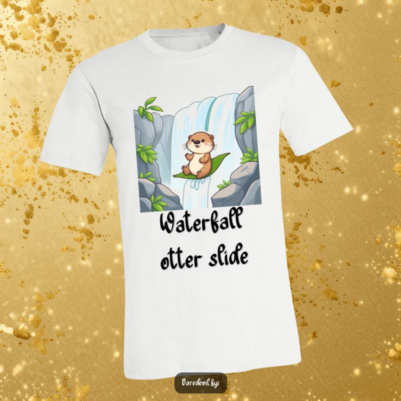 Funny otter character riding a leaf down a powerful waterfall, embodying pure joy and aquatic fun.