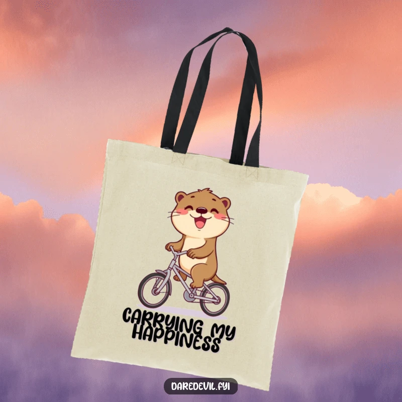 Funny otter confidently rides a bicycle, carrying happiness and style on a funny tote bag.
