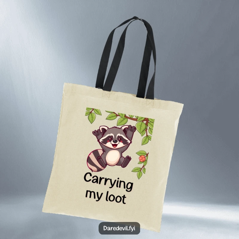 Funny tote bag illustration of a raccoon swinging from a vine with pure exhilaration, perfect for adventurous shoppers.