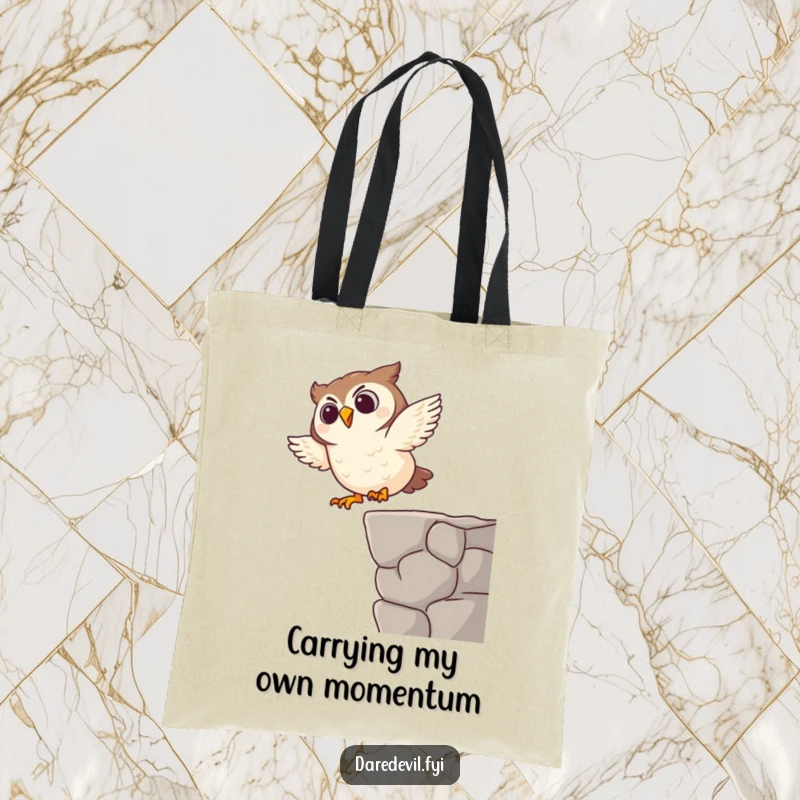 Funny tote bag with a giggling owl character executing a funny dive, perfect for carrying groceries or jokes with style.