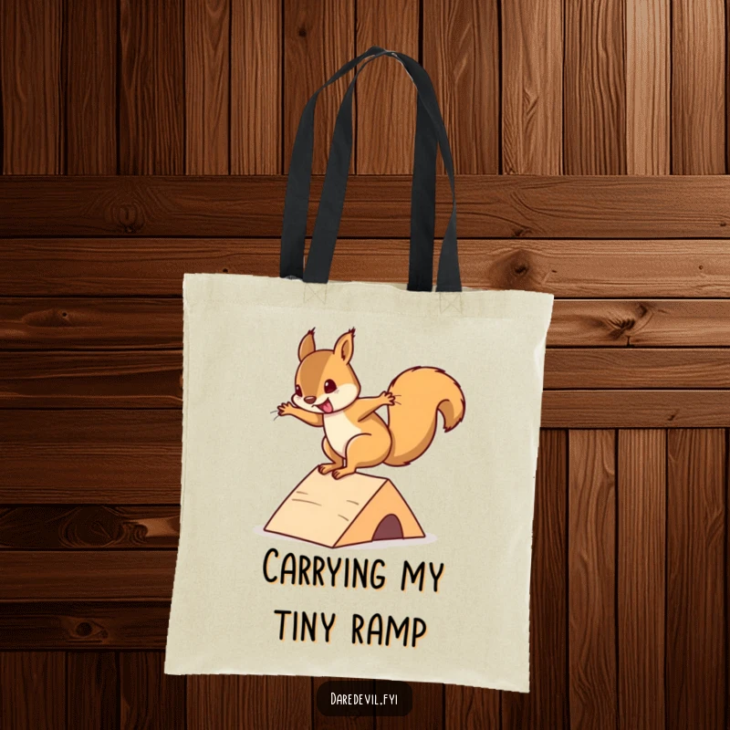 Funny squirrel tote bag depicting a playful squirrel mid-flip off a mini ramp, ideal for shoppers who love humor.