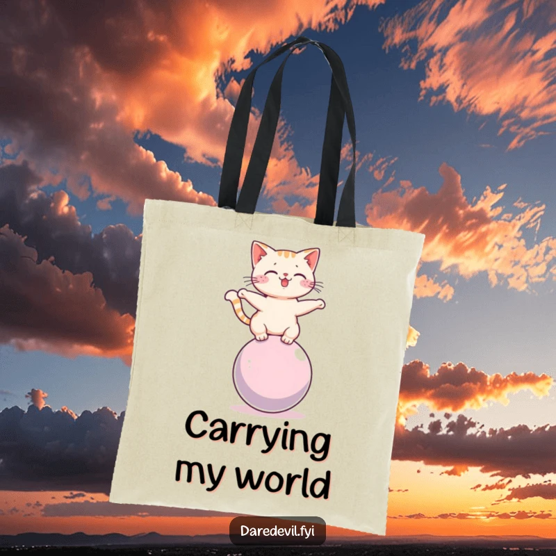Funny cat teetering on a rolling sphere, printed on a durable tote bag, ideal for stylish, humorous carrying.