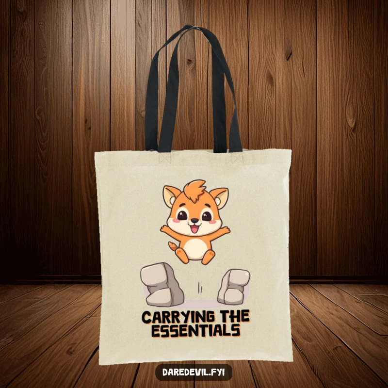 Funny Tote Bag featuring a brave animal character in the middle of a determined gap leap, radiating confidence and boldness.