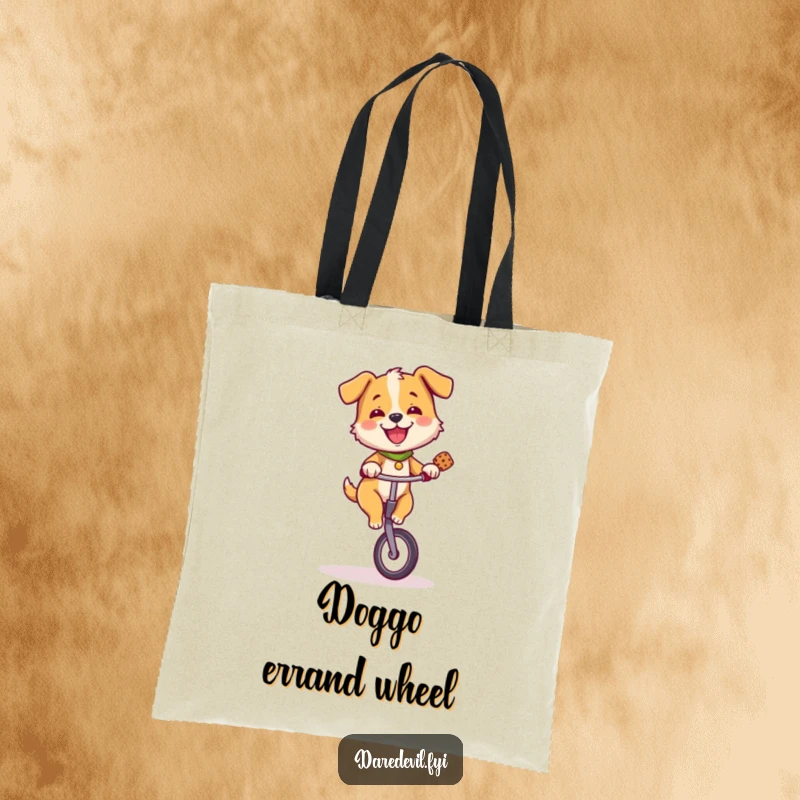 Funny dog on a unicycle balancing a treat, a whimsical design perfect for a functional tote bag.