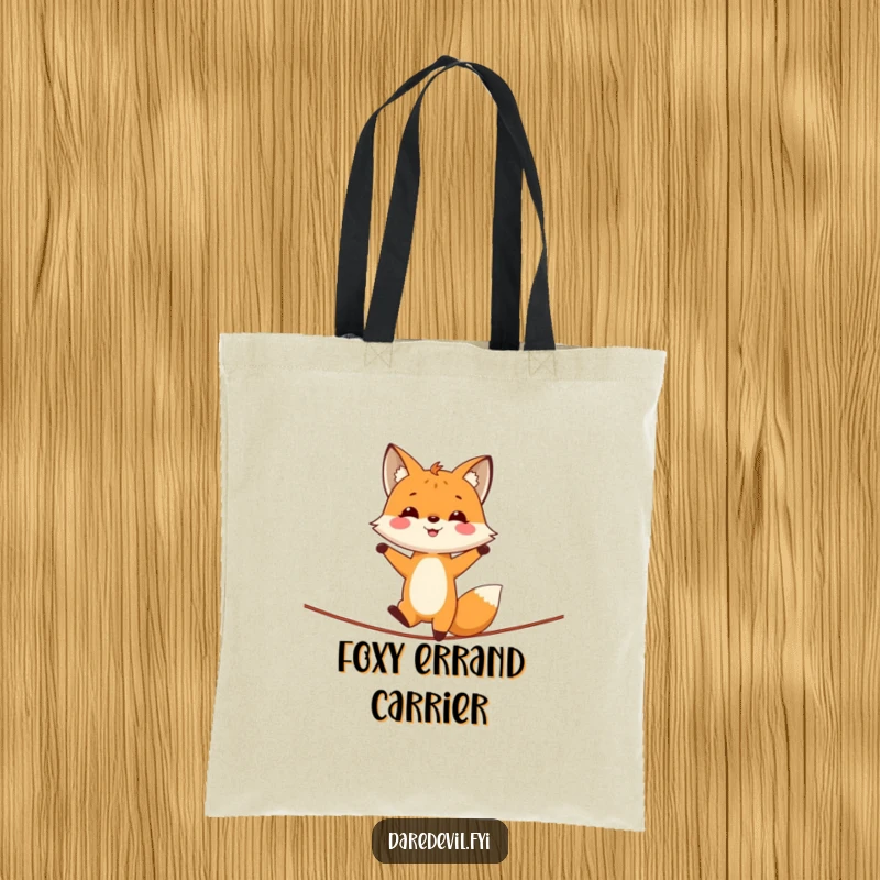 Funny fox character poised in a handstand atop a tightrope, a whimsical design for a practical tote bag.