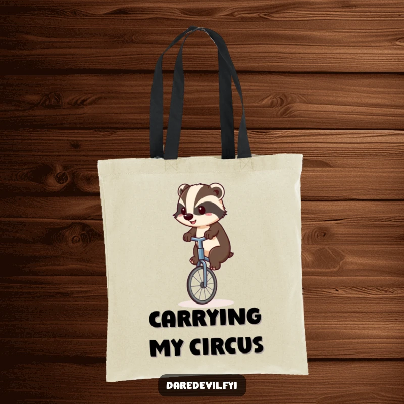 Funny badger on a wobbly unicycle, carrying groceries, demonstrating effort and humor for everyday tasks, a unique funny gift.