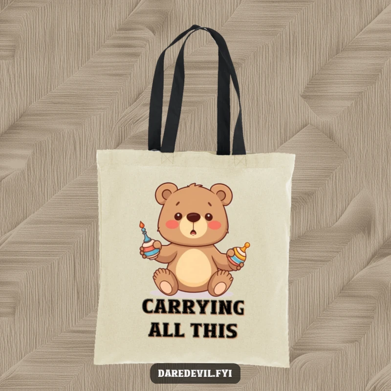 Funny Bear Tote Bag depicting a bear cub struggling to juggle three spinning items, showcasing playful clumsiness and charm.