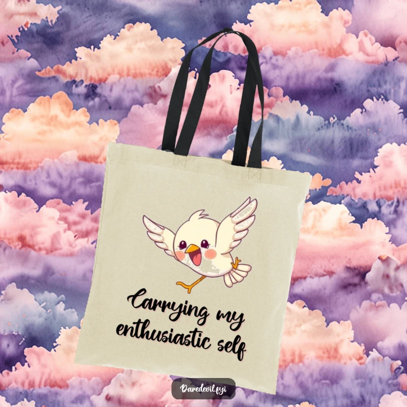 Funny tote bag illustrating a bird in a spectacular, joyful headfirst dive, symbolizing exhilarating freedom and fun.