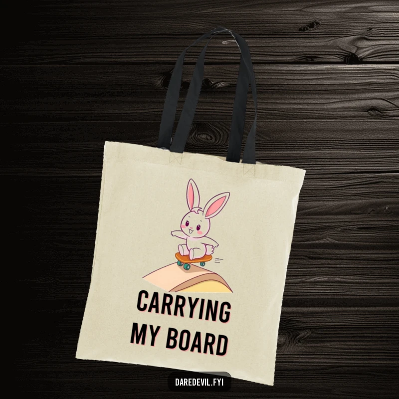 Funny bunny character celebrating victory on a tiny skateboard after zooming down a ramp, showcasing a funny and energetic design for a tote bag.