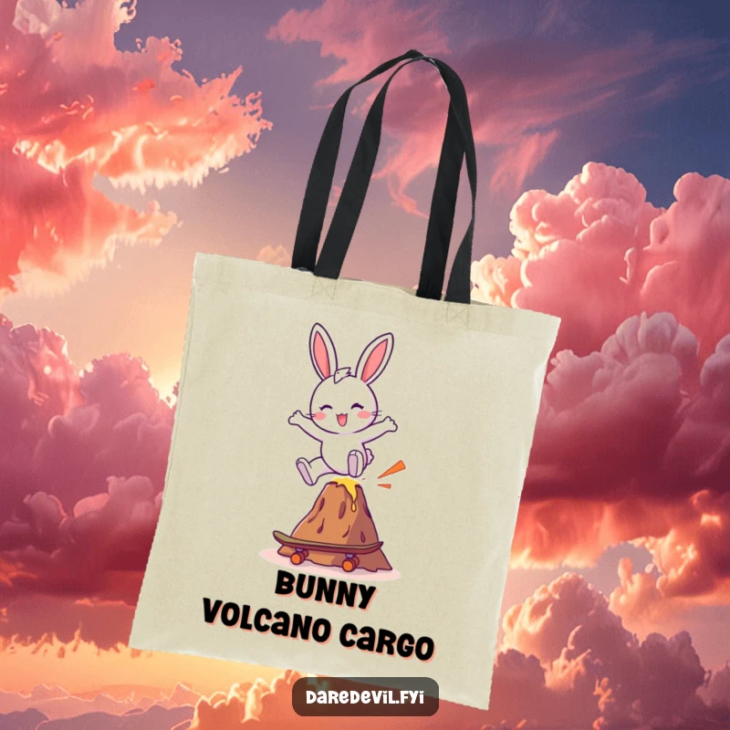 Funny bunny on a skateboard executing a daring leap over a small volcano, showcasing a vibrant and humorous scene.