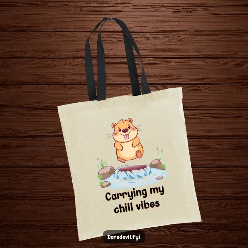 Funny tote bag showcasing a capybara's joyful jump over a river, a perfect blend of utility and humor.