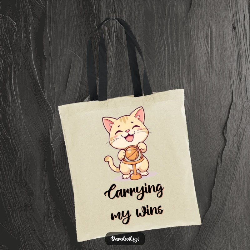 Funny grinning cat character aiming a ball at a tiny hoop on a durable tote bag, showcasing skill.