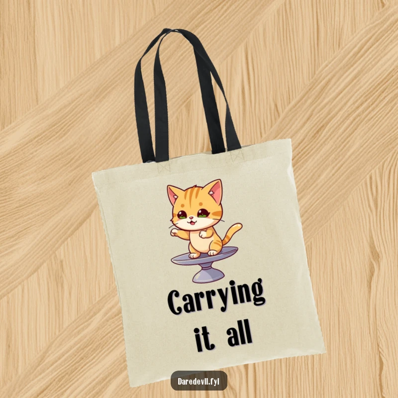 Funny cat tote bag with a mischievous cat character maintaining perfect balance on a spinning plate.