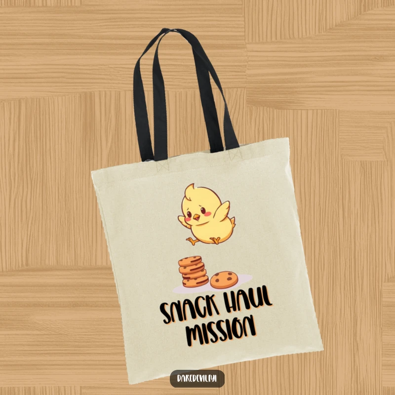 Funny Tote Bag showing a determined chick bravely jumping over a stack of cookies, a humorous and practical accessory.