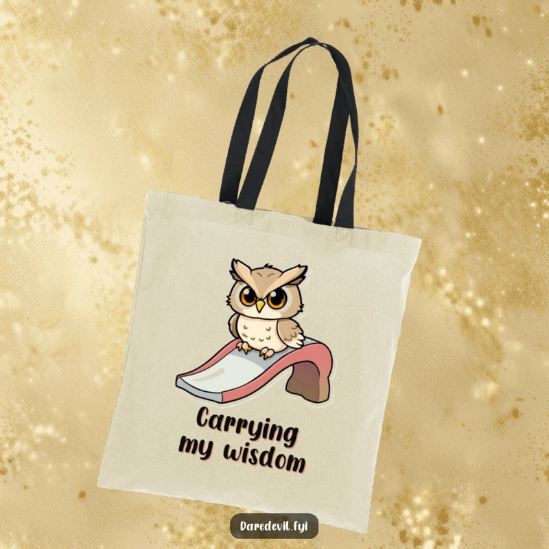 Funny tote bag illustrating a determined owl character preparing to slide down a playground slide with great anticipation.