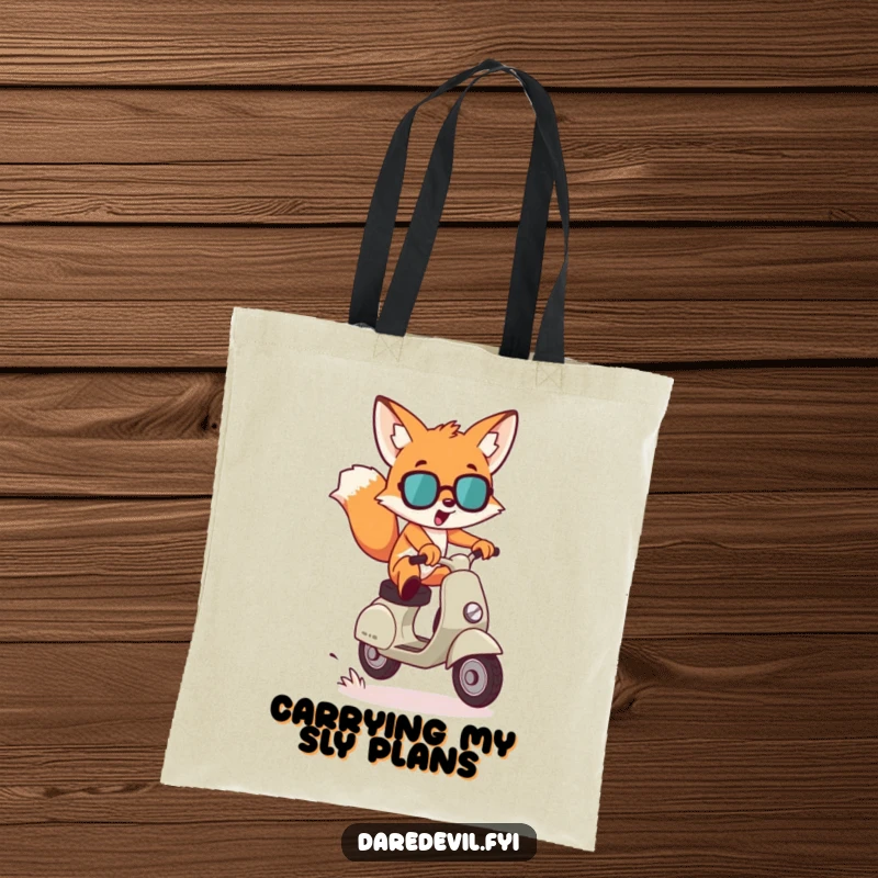 Funny Tote Bag: A mischievous fox character leaps dramatically over a small gap on a scooter, a humorous and functional accessory.