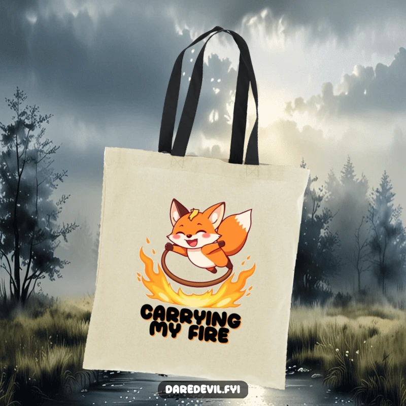 Funny Fox Tote Bag with a grinning fox leaping over a fiery hoop, ideal for stylish and humorous everyday carry.