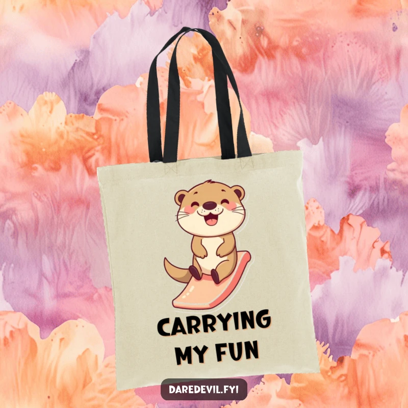 Funny Otter Tote Bag: A happy otter character zips down a tiny slide, symbolizing joy and carefree moments for your travels.